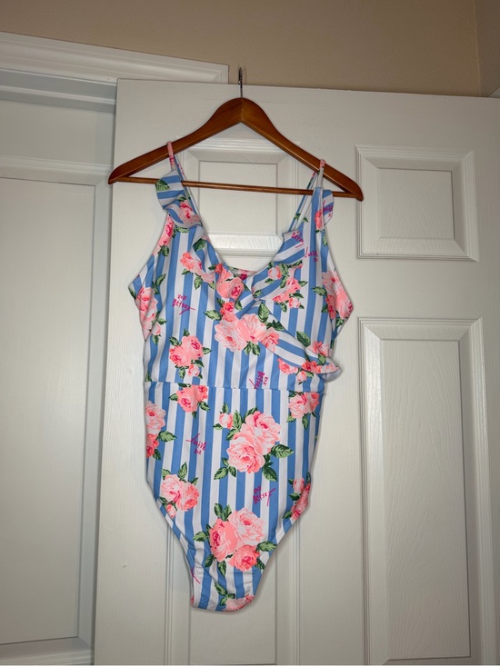 Betsey Johnson Other - Betsey Johnson Blue White Stripped Pink Floral One Piece Swimsuit Women XL